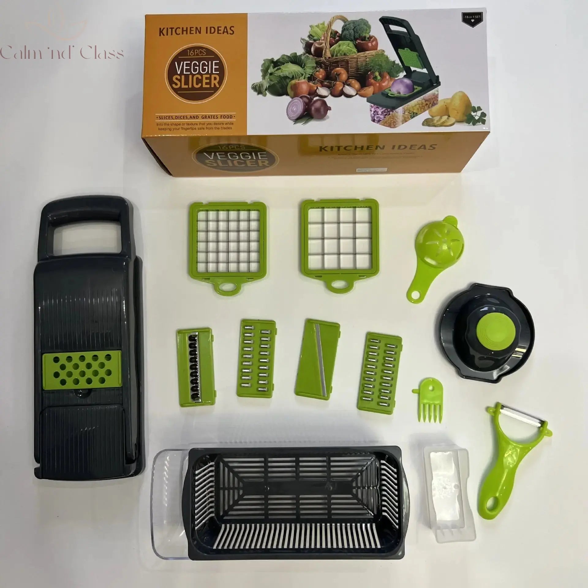 16 IN1 Mandoline Slicer Veggie Food Chopper Vegetable Cutter Tomato Carrot Grater Cheese French Onion Shredders Kitchen Tool Calm and Class