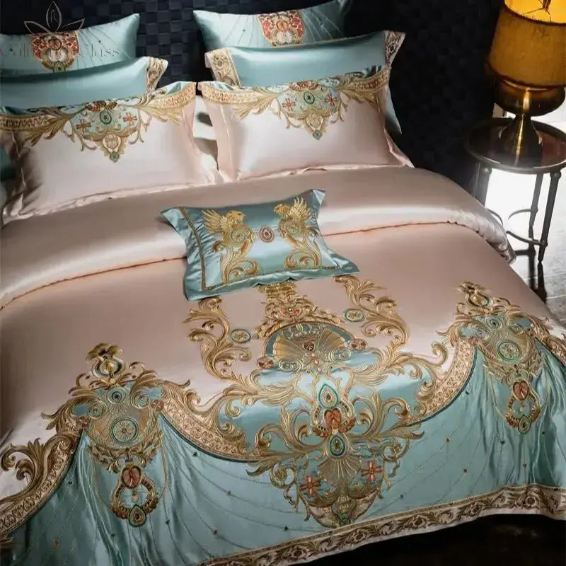 4/6/9Pcs Gorgeous European Palace Style Royal Embroidery Bedding Set Brocade Egyptian Cotton Duvet Cover Bed Sheet Pillowcases Calm and Class