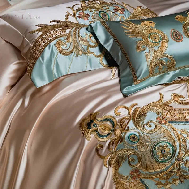 4/6/9Pcs Gorgeous European Palace Style Royal Embroidery Bedding Set Brocade Egyptian Cotton Duvet Cover Bed Sheet Pillowcases Calm and Class