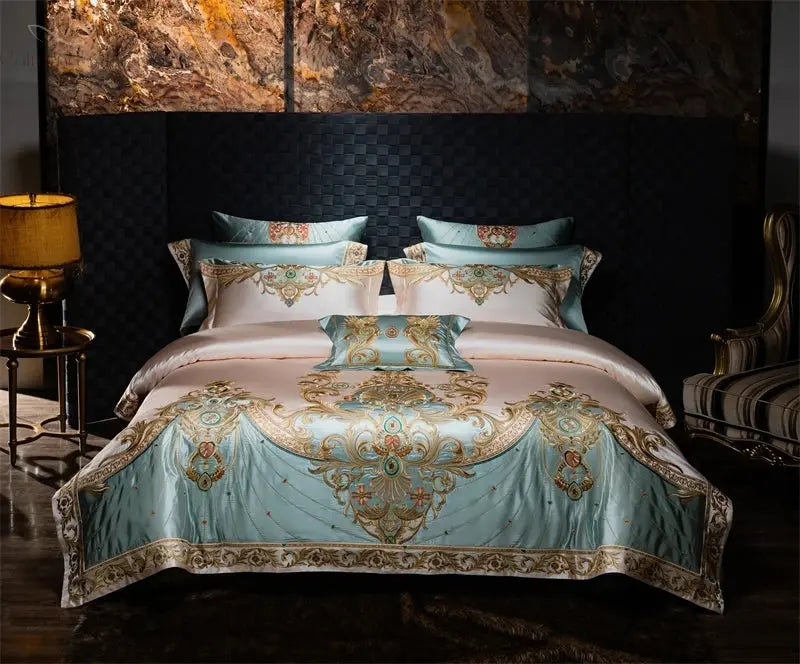 4/6/9Pcs Gorgeous European Palace Style Royal Embroidery Bedding Set Brocade Egyptian Cotton Duvet Cover Bed Sheet Pillowcases Calm and Class