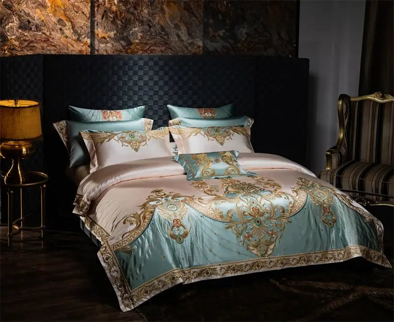 4/6/9Pcs Gorgeous European Palace Style Royal Embroidery Bedding Set Brocade Egyptian Cotton Duvet Cover Bed Sheet Pillowcases Calm and Class