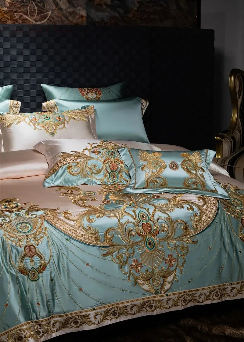 4/6/9Pcs Gorgeous European Palace Style Royal Embroidery Bedding Set Brocade Egyptian Cotton Duvet Cover Bed Sheet Pillowcases Calm and Class