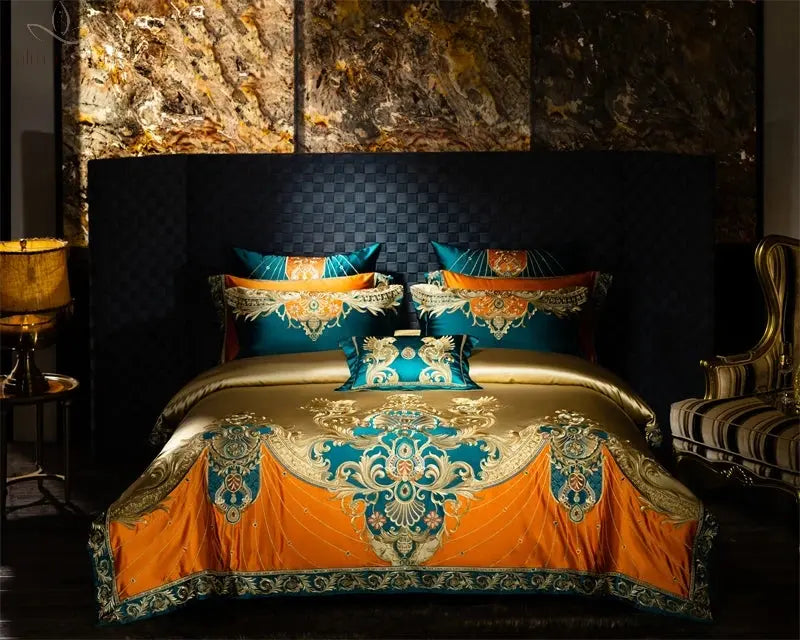 4/6/9Pcs Gorgeous European Palace Style Royal Embroidery Bedding Set Brocade Egyptian Cotton Duvet Cover Bed Sheet Pillowcases Calm and Class