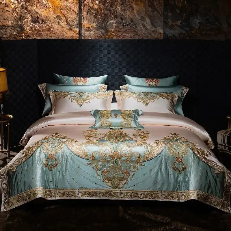 4/6/9Pcs Gorgeous European Palace Style Royal Embroidery Bedding Set Brocade Egyptian Cotton Duvet Cover Bed Sheet Pillowcases Calm and Class