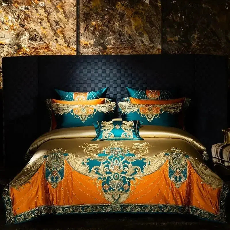 4/6/9Pcs Gorgeous European Palace Style Royal Embroidery Bedding Set Brocade Egyptian Cotton Duvet Cover Bed Sheet Pillowcases Calm and Class