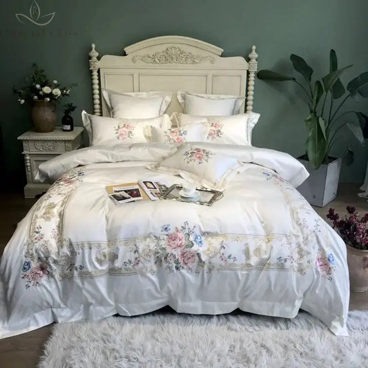 4/7Pcs White Luxury 1000TC Egyptian Cotton Flowers Embroidery Bedding Set Duvet Cover Set Bed Sheet/Fitted Sheet Pillowcases Calm and Class