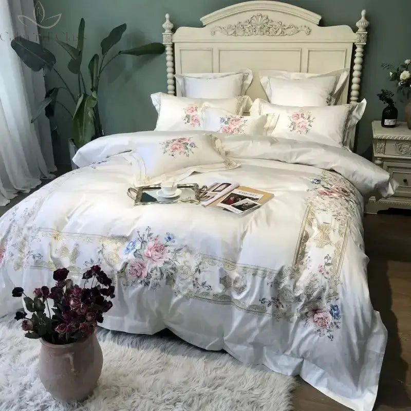 4/7Pcs White Luxury 1000TC Egyptian Cotton Flowers Embroidery Bedding Set Duvet Cover Set Bed Sheet/Fitted Sheet Pillowcases Calm and Class