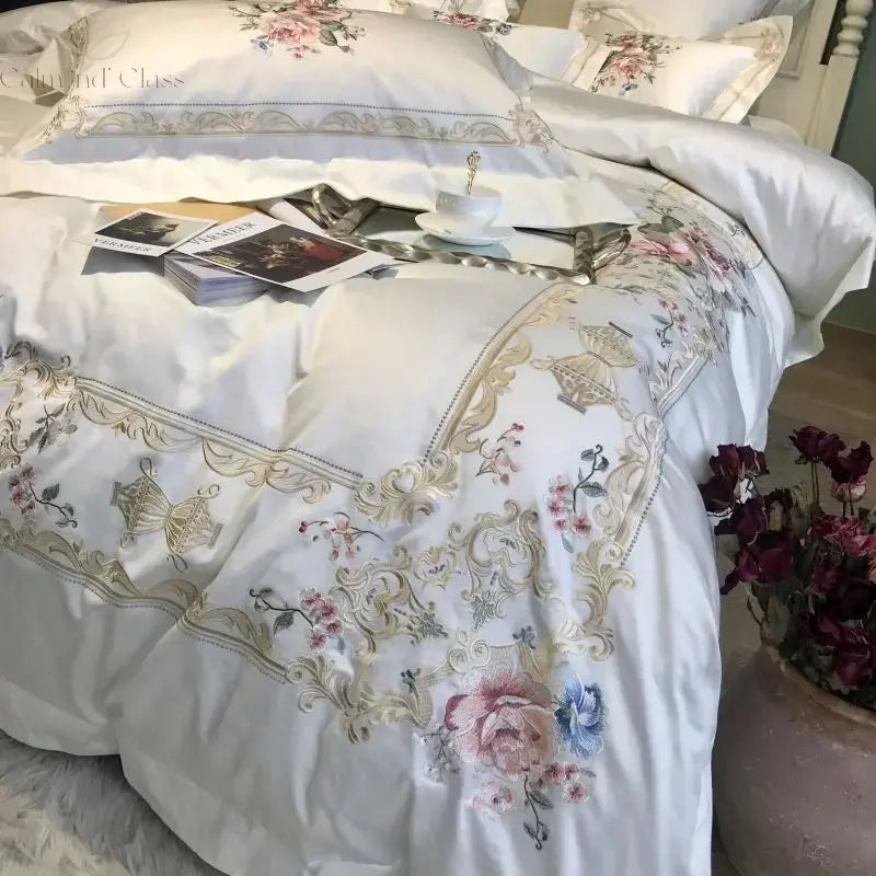 4/7Pcs White Luxury 1000TC Egyptian Cotton Flowers Embroidery Bedding Set Duvet Cover Set Bed Sheet/Fitted Sheet Pillowcases Calm and Class