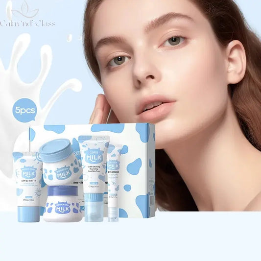 5pcs/box LAIKOU Milk Skin Care Sets Sunscreen Facial Cleanser Face Moisturizing Creams Eye Cream Repairing Smoothing Face Care Calm and Class