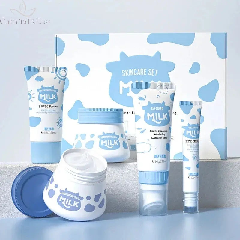 5pcs/box LAIKOU Milk Skin Care Sets Sunscreen Facial Cleanser Face Moisturizing Creams Eye Cream Repairing Smoothing Face Care Calm and Class