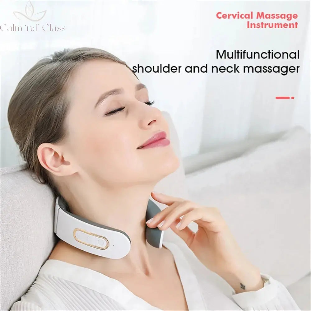 6 Mode 9 Levels Electric Neck and Shoulder Pulse Massager Heating Cervical Vertebra Machine Relax Pain Relief Back Kneading Tool Calm and Class