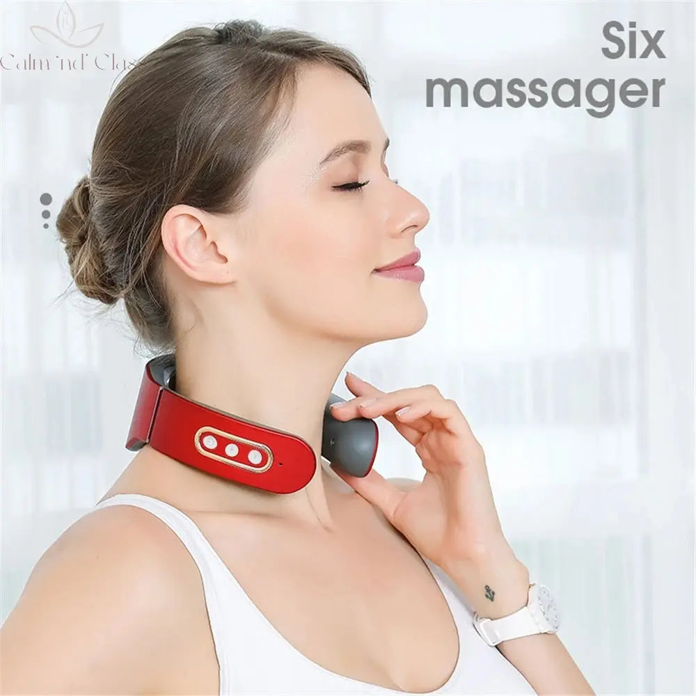 6 Mode 9 Levels Electric Neck and Shoulder Pulse Massager Heating Cervical Vertebra Machine Relax Pain Relief Back Kneading Tool Calm and Class