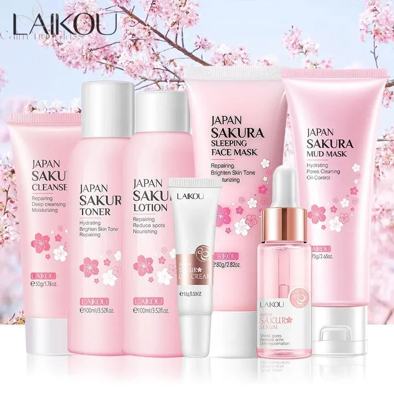 7pcs Facial Products Kit Sakura Skin Care Set Facial Cleanser Sleeping Mask Fade Dark Circles Eye Cream Korean Skincare Products Calm and Class