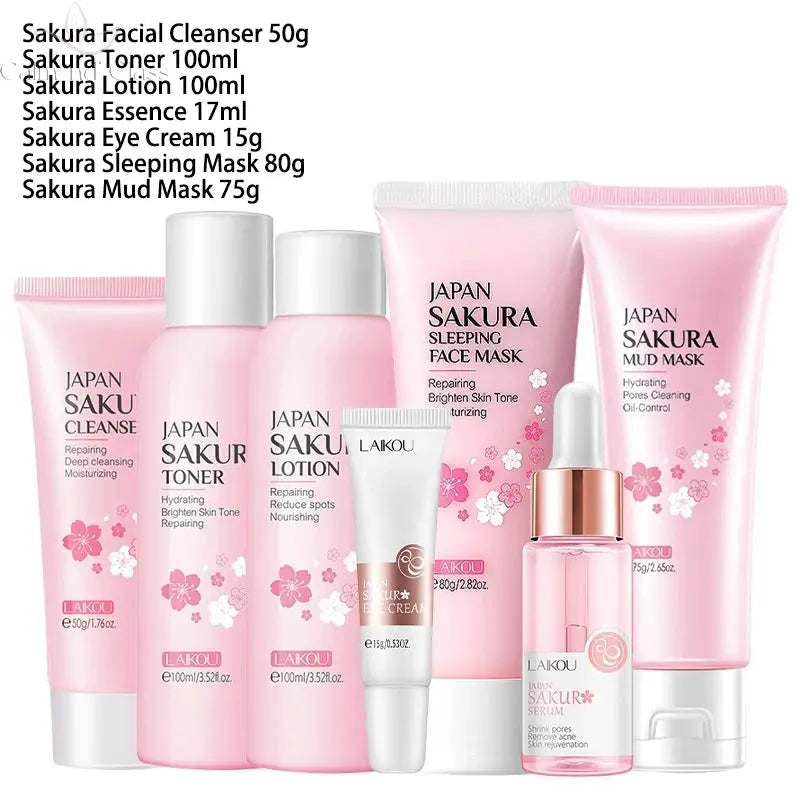 7pcs Facial Products Kit Sakura Skin Care Set Facial Cleanser Sleeping Mask Fade Dark Circles Eye Cream Korean Skincare Products Calm and Class