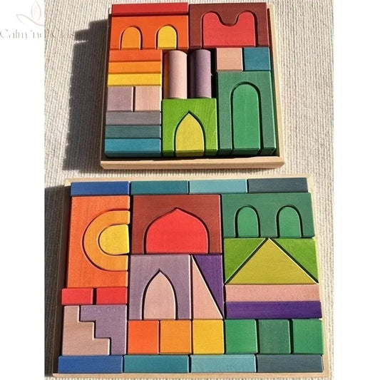 Big size Wooden  Blocks Lime Rainbow  Building Stacking Castel Step Shape Cubes Corner Stones for Kids Creative Play Calm and Class