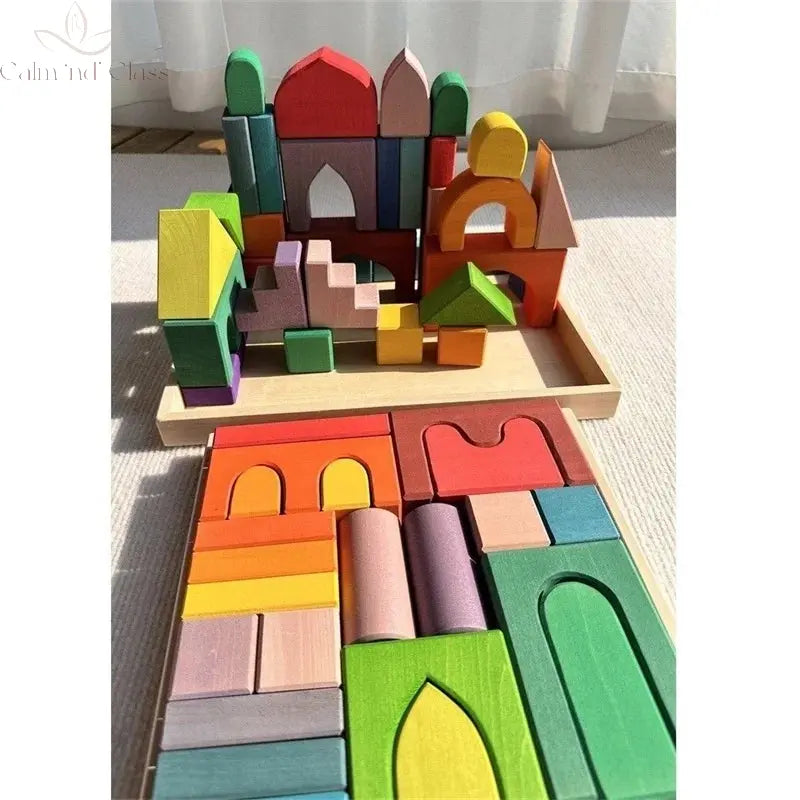 Big size Wooden  Blocks Lime Rainbow  Building Stacking Castel Step Shape Cubes Corner Stones for Kids Creative Play Calm and Class