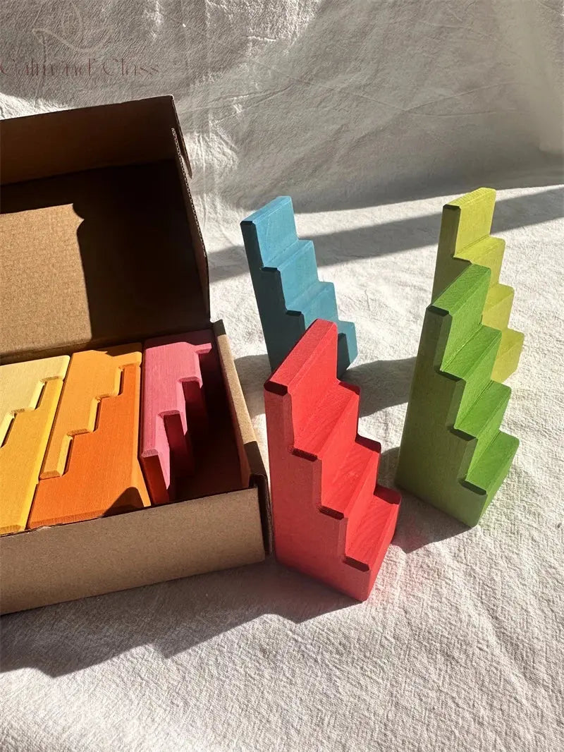 Big size Wooden  Blocks Lime Rainbow  Building Stacking Castel Step Shape Cubes Corner Stones for Kids Creative Play Calm and Class