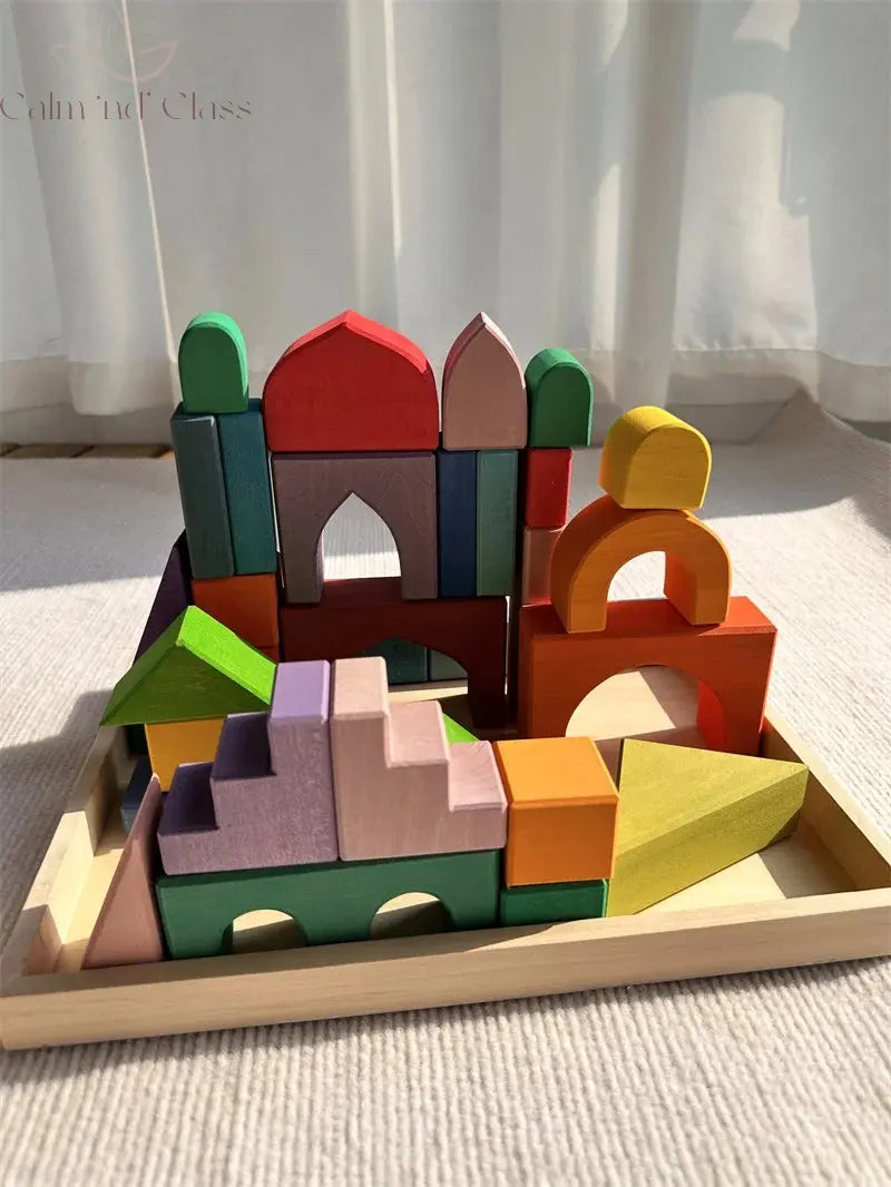 Big size Wooden  Blocks Lime Rainbow  Building Stacking Castel Step Shape Cubes Corner Stones for Kids Creative Play Calm and Class