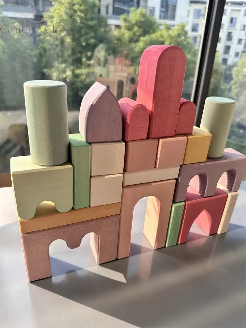 Big size Wooden  Blocks Lime Rainbow  Building Stacking Castel Step Shape Cubes Corner Stones for Kids Creative Play Calm and Class