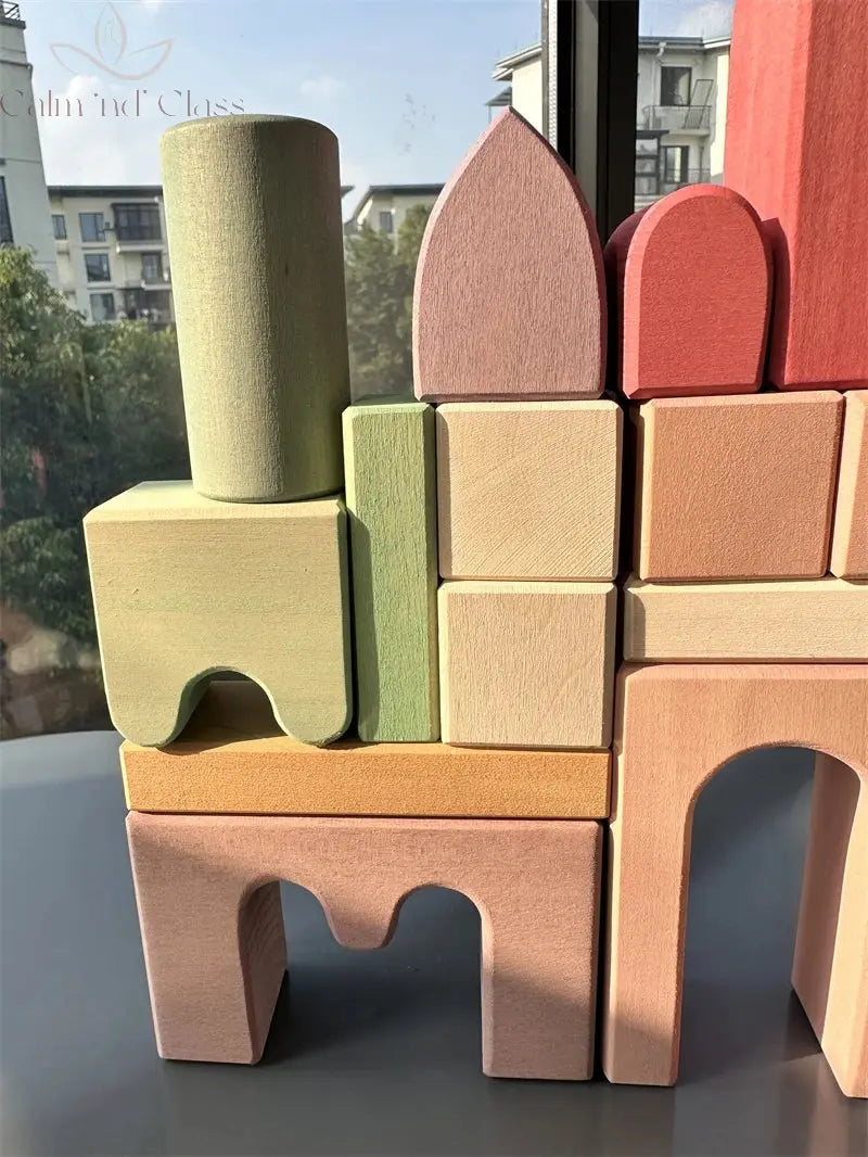 Big size Wooden  Blocks Lime Rainbow  Building Stacking Castel Step Shape Cubes Corner Stones for Kids Creative Play Calm and Class