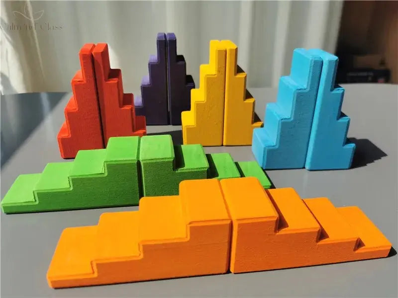 Big size Wooden  Blocks Lime Rainbow  Building Stacking Castel Step Shape Cubes Corner Stones for Kids Creative Play Calm and Class