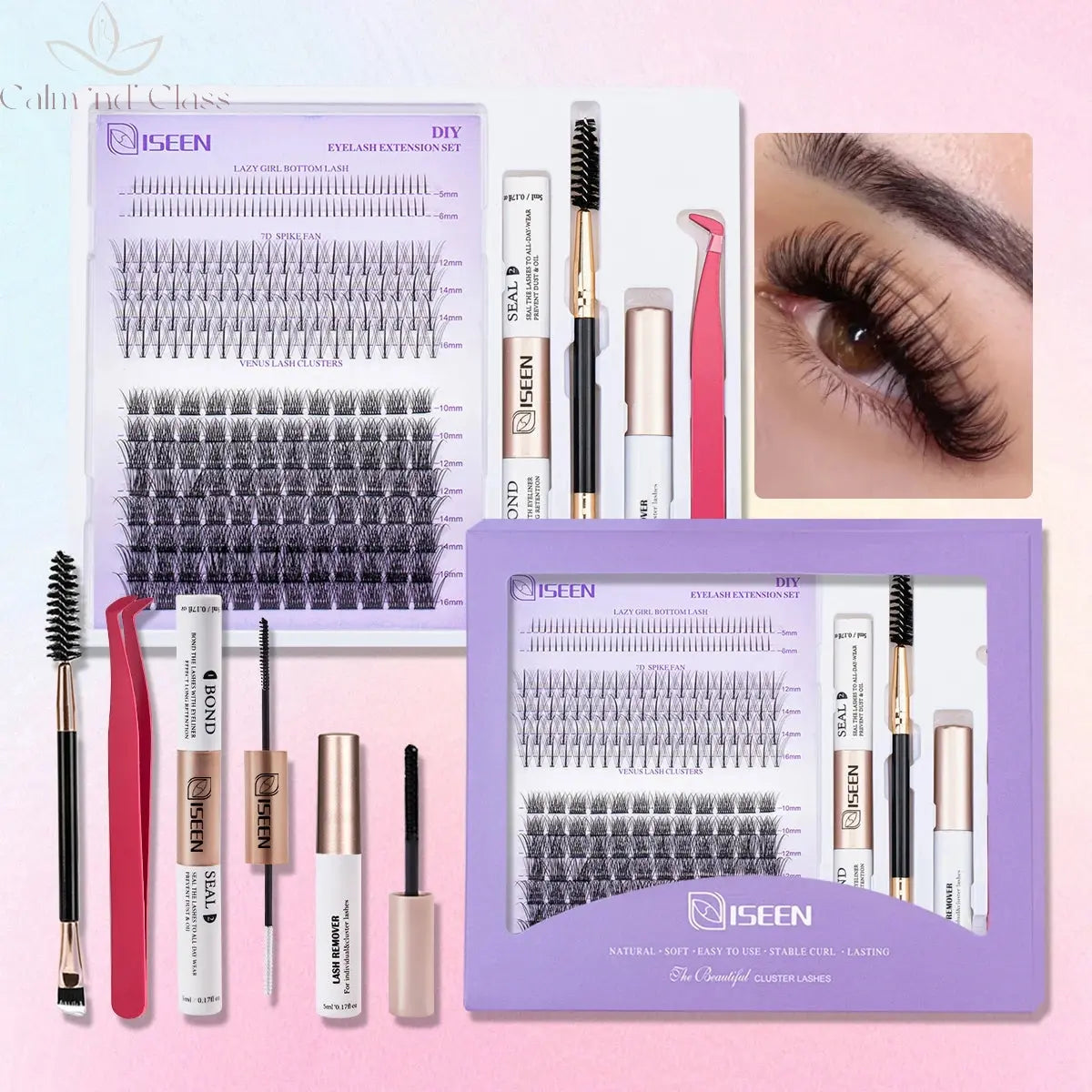 DIY Lash Extension Mix Styles Lash Clusters Individual with Bond&Seal Remover Tweezers Lash Brush for Self Application Makeup Calm and Class