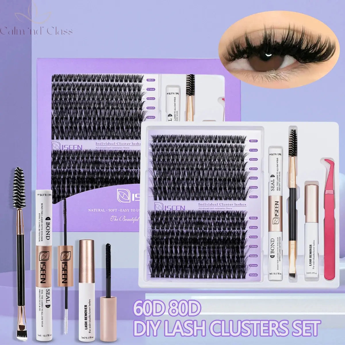 DIY Lash Extension Mix Styles Lash Clusters Individual with Bond&Seal Remover Tweezers Lash Brush for Self Application Makeup Calm and Class