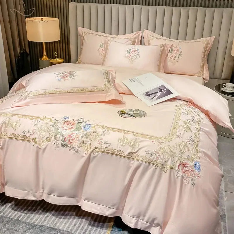 Flowers Embroidery Luxury European Palace Style Bedding Set Egyptian Cotton Duvet Cover Bed Sheet/Fitted Sheet Pillowcases 4Pcs Calm and Class