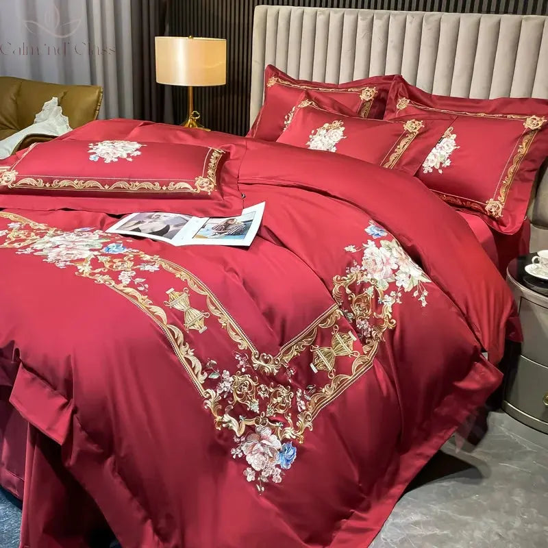 Flowers Embroidery Luxury European Palace Style Bedding Set Egyptian Cotton Duvet Cover Bed Sheet/Fitted Sheet Pillowcases 4Pcs Calm and Class