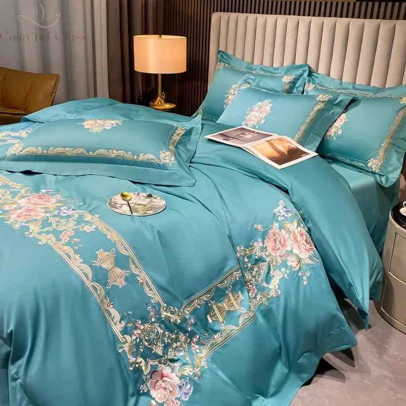 Flowers Embroidery Luxury European Palace Style Bedding Set Egyptian Cotton Duvet Cover Bed Sheet/Fitted Sheet Pillowcases 4Pcs Calm and Class