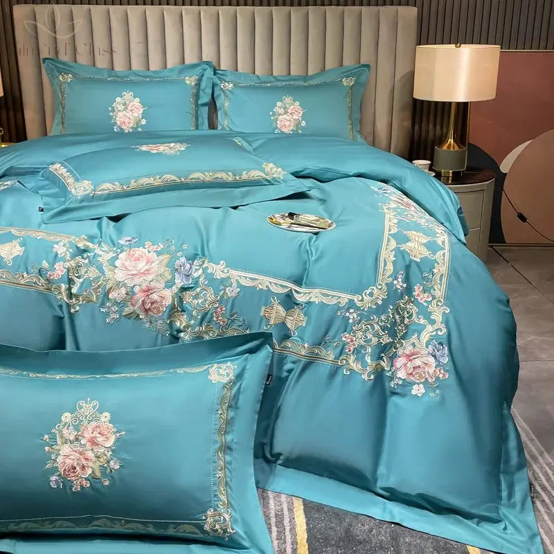 Flowers Embroidery Luxury European Palace Style Bedding Set Egyptian Cotton Duvet Cover Bed Sheet/Fitted Sheet Pillowcases 4Pcs Calm and Class