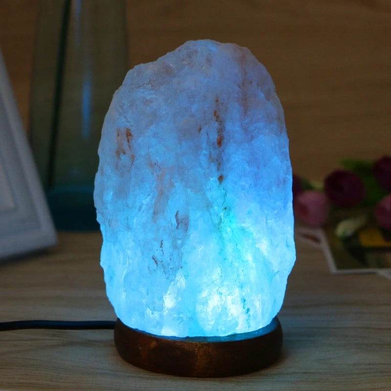 Hand Carved USB Wooden Base Himalayan Rock Salt Lamp Air Purifier Night Light