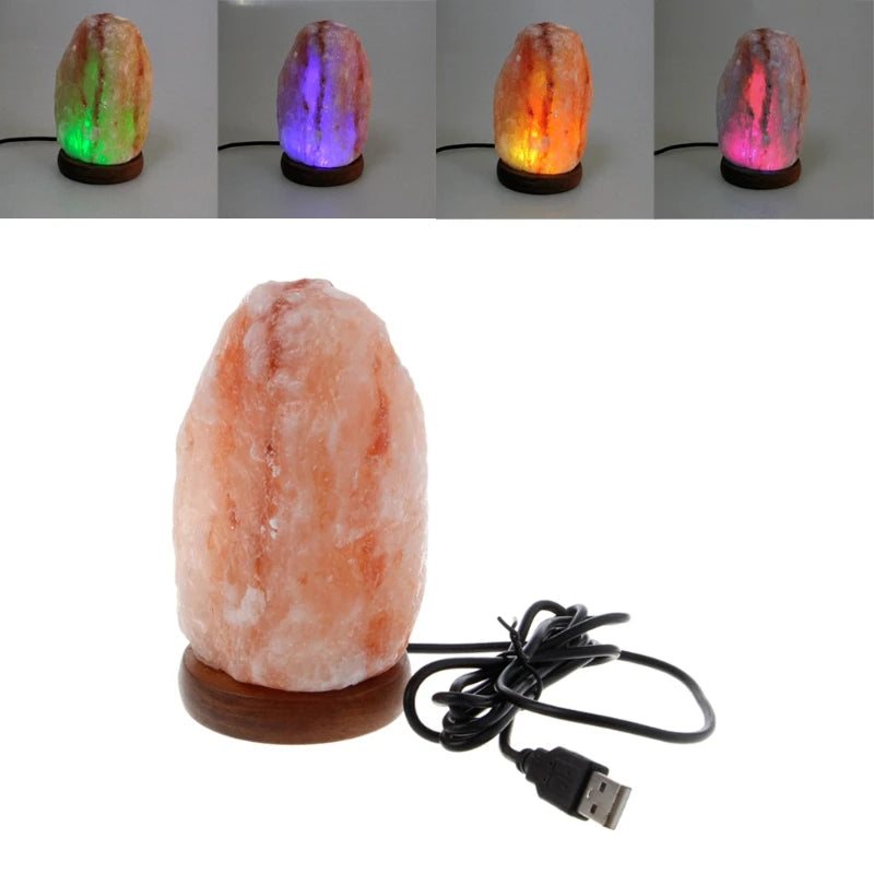 Hand Carved USB Wooden Base Himalayan Rock Salt Lamp Air Purifier Night Light