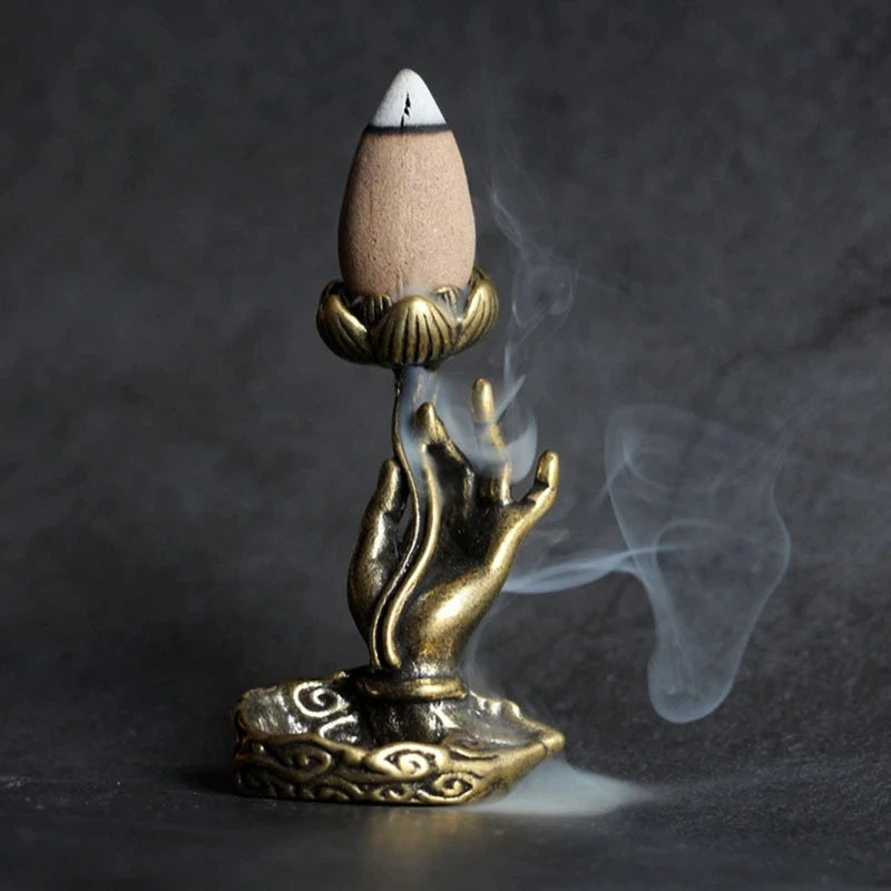 NICEFurniture Copper Backflow Incense Burner Hand Lotus Base