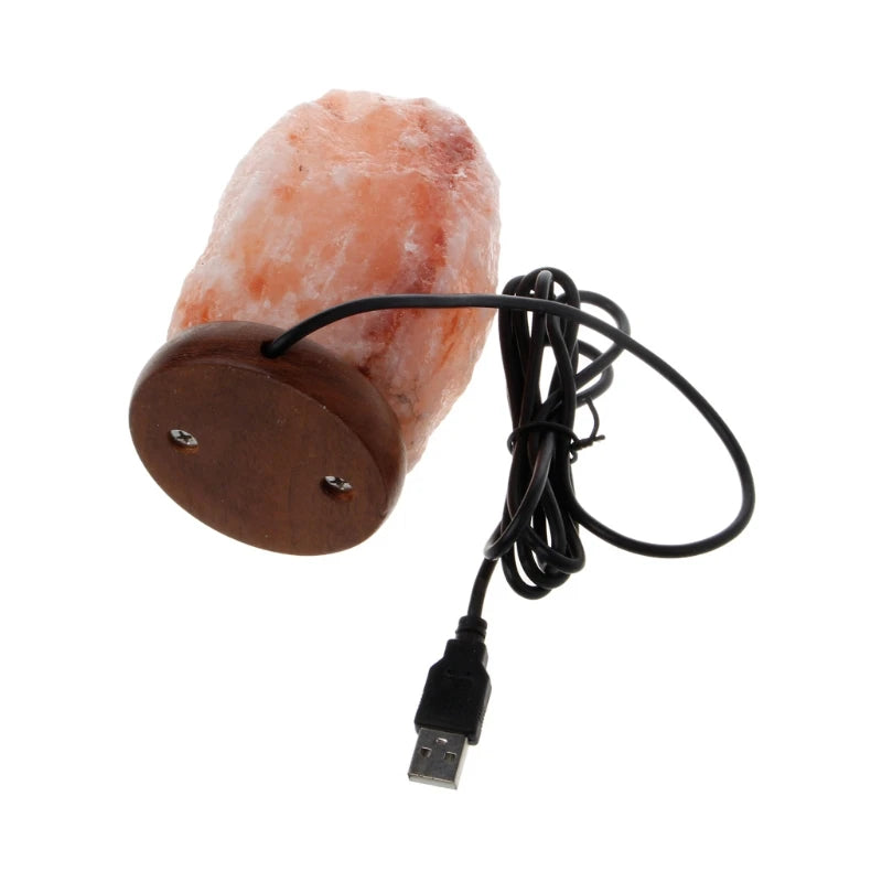 Hand Carved USB Wooden Base Himalayan Rock Salt Lamp Air Purifier Night Light