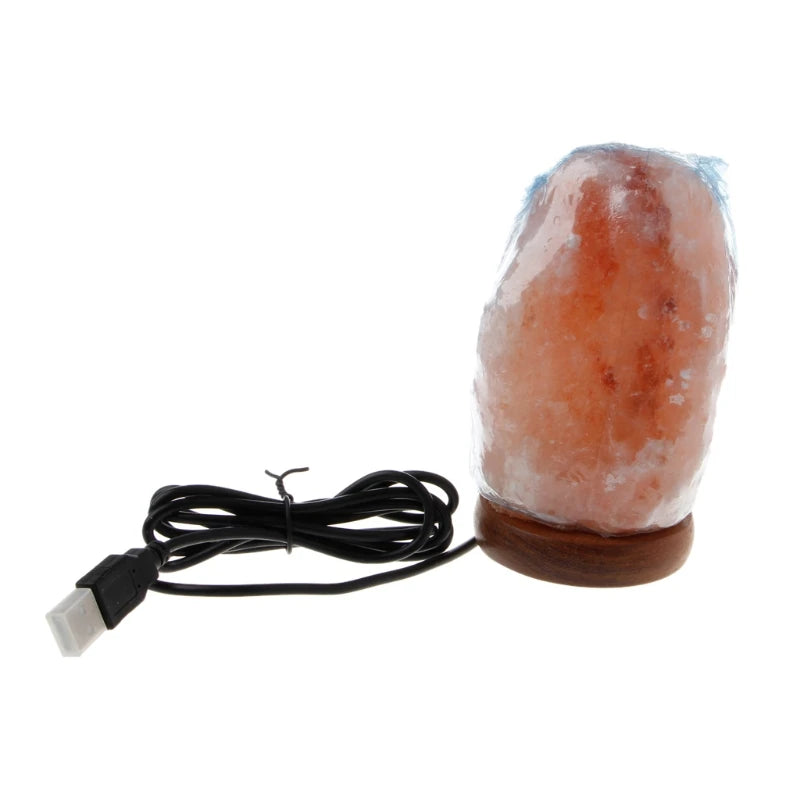 Hand Carved USB Wooden Base Himalayan Rock Salt Lamp Air Purifier Night Light