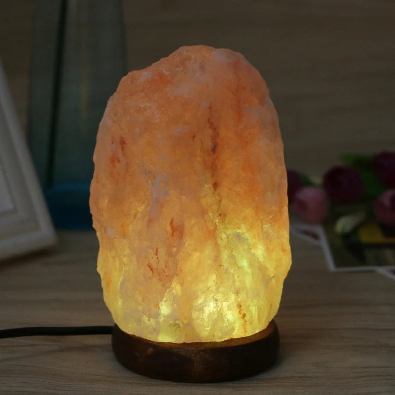 Hand Carved USB Wooden Base Himalayan Rock Salt Lamp Air Purifier Night Light