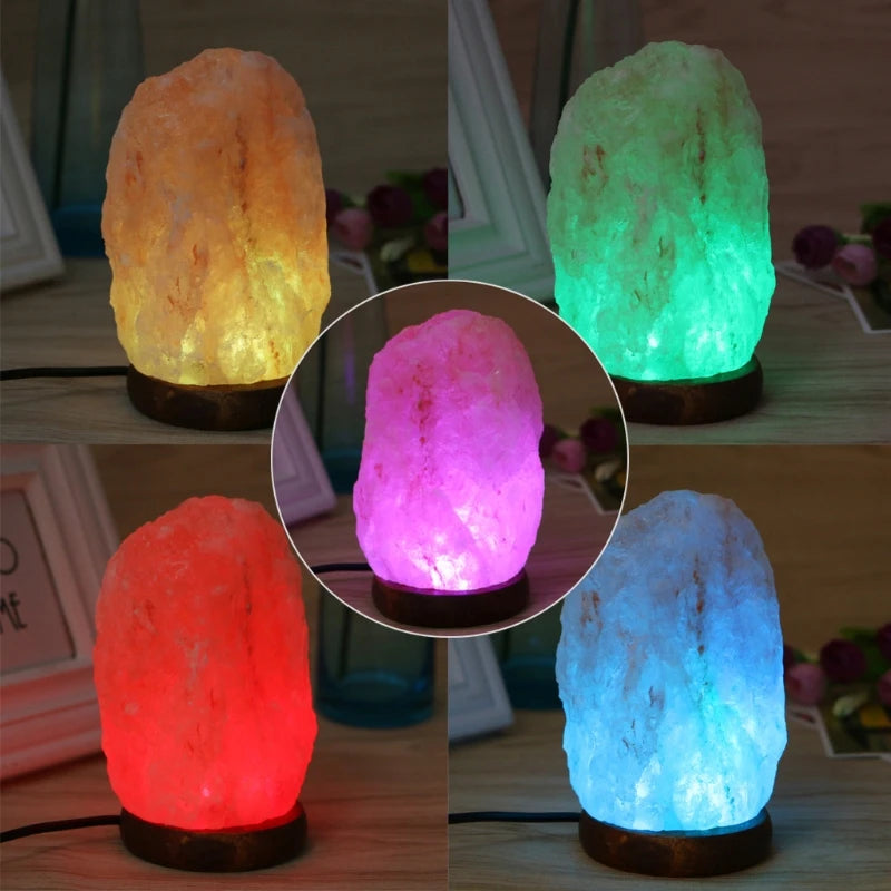 Hand Carved USB Wooden Base Himalayan Rock Salt Lamp Air Purifier Night Light