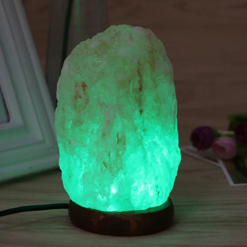 Hand Carved USB Wooden Base Himalayan Rock Salt Lamp Air Purifier Night Light