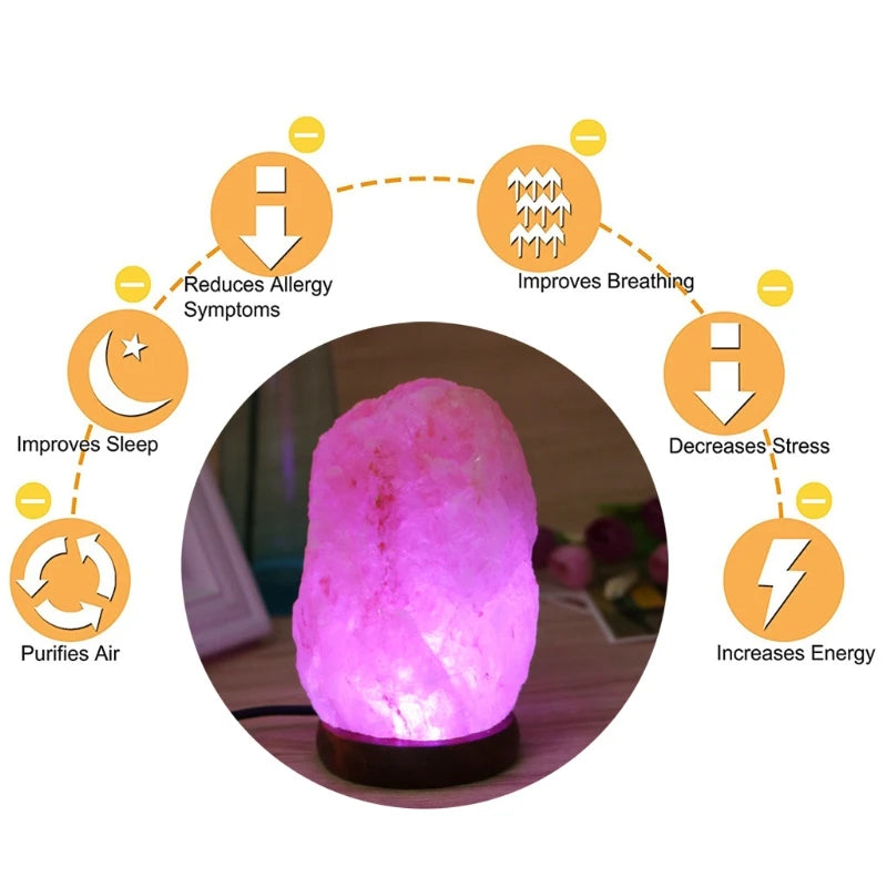 Hand Carved USB Wooden Base Himalayan Rock Salt Lamp Air Purifier Night Light