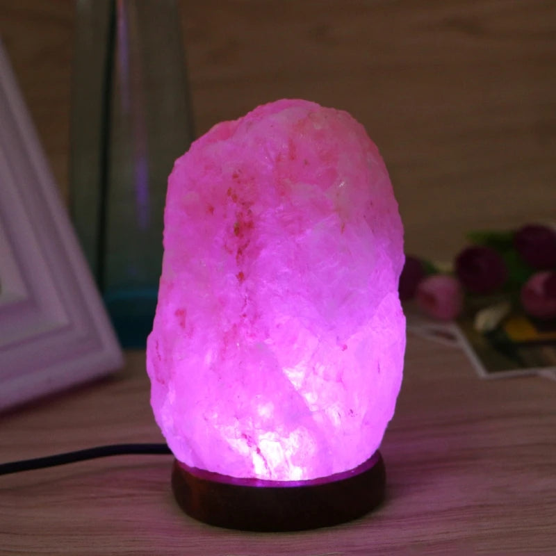 Hand Carved USB Wooden Base Himalayan Rock Salt Lamp Air Purifier Night Light