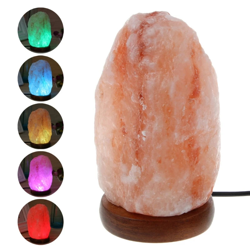 Hand Carved USB Wooden Base Himalayan Rock Salt Lamp Air Purifier Night Light