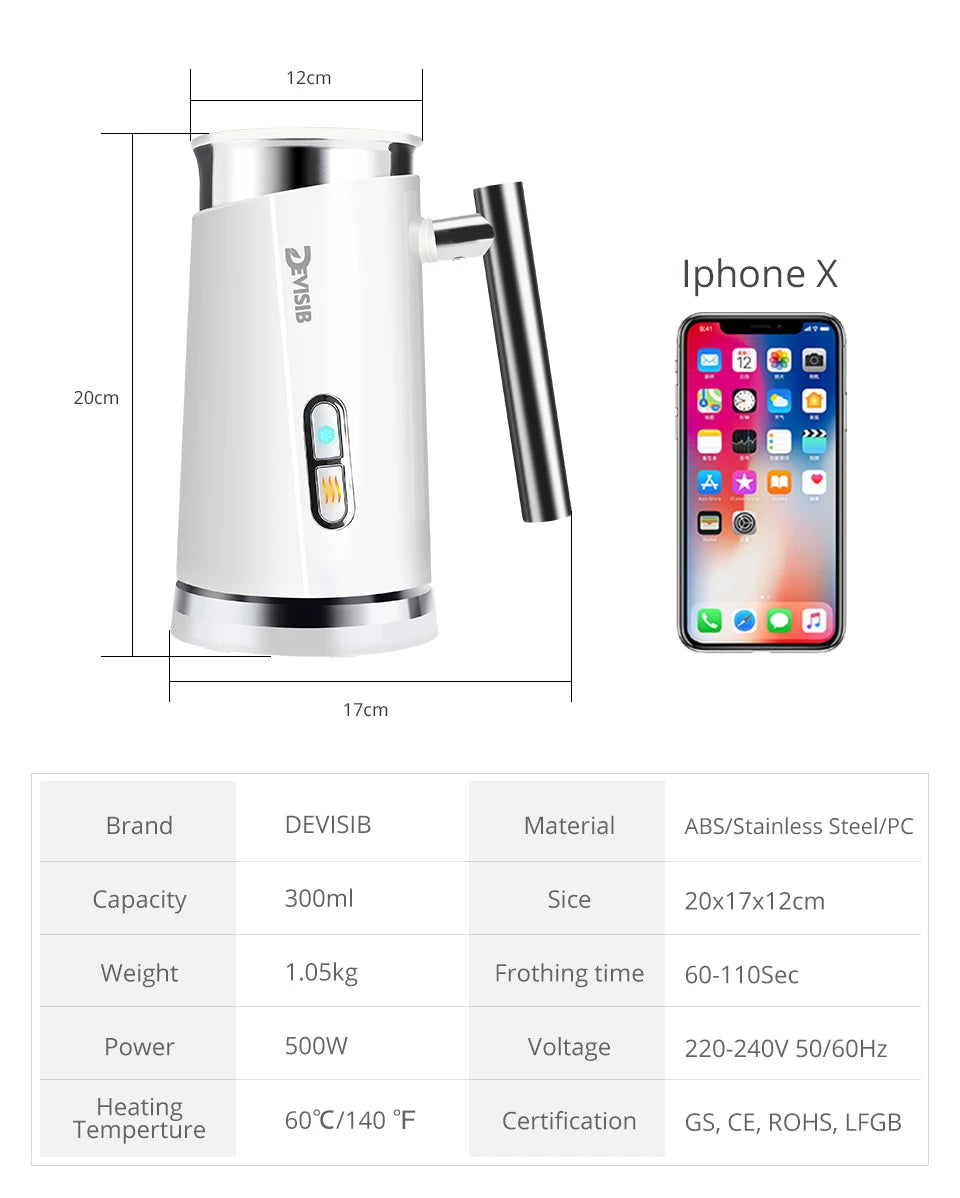 DEVISIB Automatic Milk Frother Electric for Latte and Cappuccino