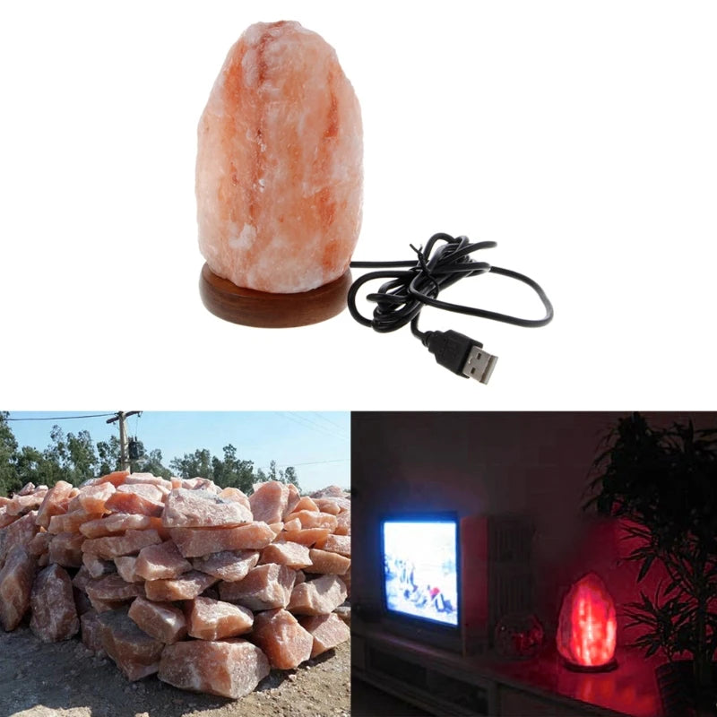 Hand Carved USB Wooden Base Himalayan Rock Salt Lamp Air Purifier Night Light