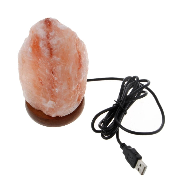 Hand Carved USB Wooden Base Himalayan Rock Salt Lamp Air Purifier Night Light