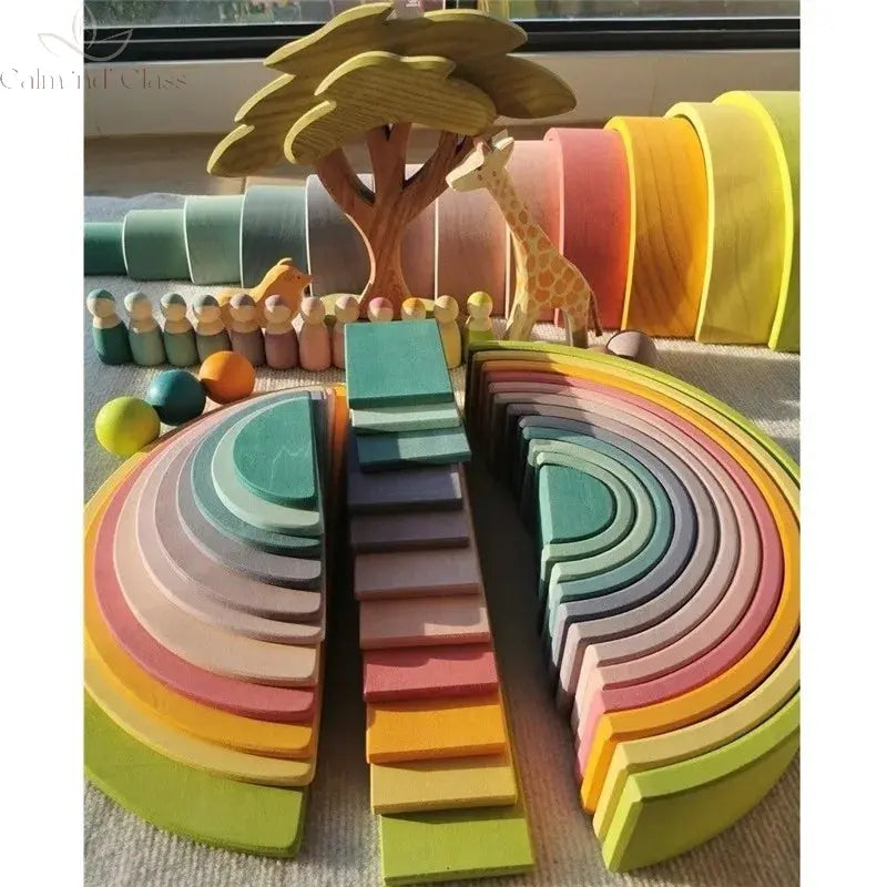 High Quality Wooden Toys Pastel Basswood Rainbow Stacking Blocks Pine Building Semi Sorting Peg Dolls Balls for Kids Play Calm and Class