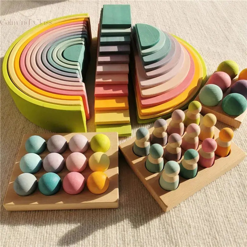 High Quality Wooden Toys Pastel Basswood Rainbow Stacking Blocks Pine Building Semi Sorting Peg Dolls Balls for Kids Play Calm and Class