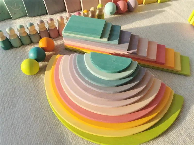 High Quality Wooden Toys Pastel Basswood Rainbow Stacking Blocks Pine Building Semi Sorting Peg Dolls Balls for Kids Play Calm and Class