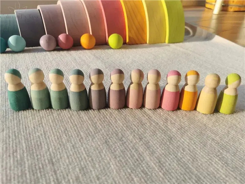 High Quality Wooden Toys Pastel Basswood Rainbow Stacking Blocks Pine Building Semi Sorting Peg Dolls Balls for Kids Play Calm and Class