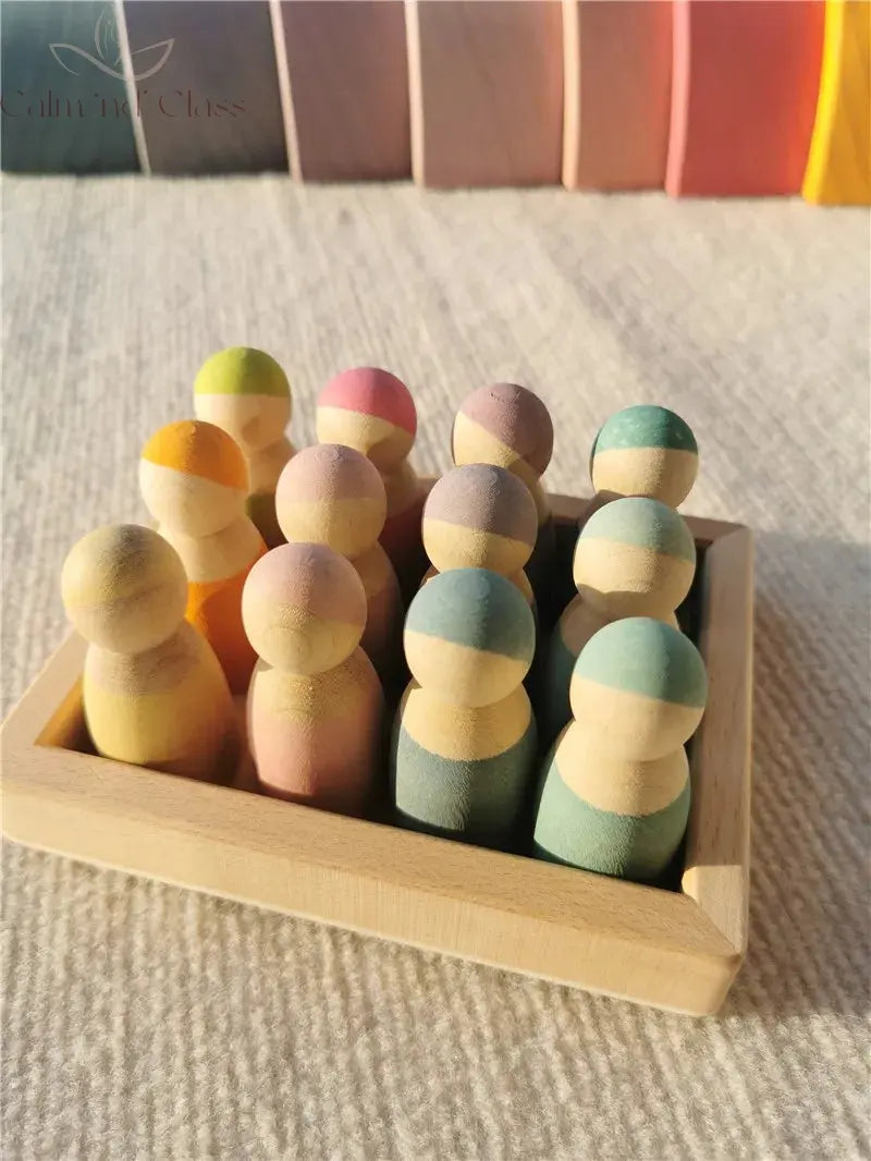 High Quality Wooden Toys Pastel Basswood Rainbow Stacking Blocks Pine Building Semi Sorting Peg Dolls Balls for Kids Play Calm and Class